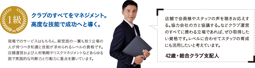 店舗で会員様やスタッフの声を聴きお応えする。協力会社の方と協議する。などクラブ運営のすべてに携わる立場であれば、ぜひ取得したい資格です。レベルに合わせてスタッフの育成にも活用したいと考えています。